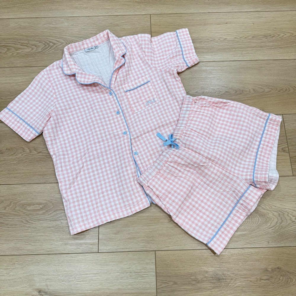 All for Mimi Pink Gingham 100% Cotton Gauze Pajama Set Short Sleeve Shorts M